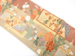 唐織　短冊に牡丹・宝尽くし模様織り出し　袋帯